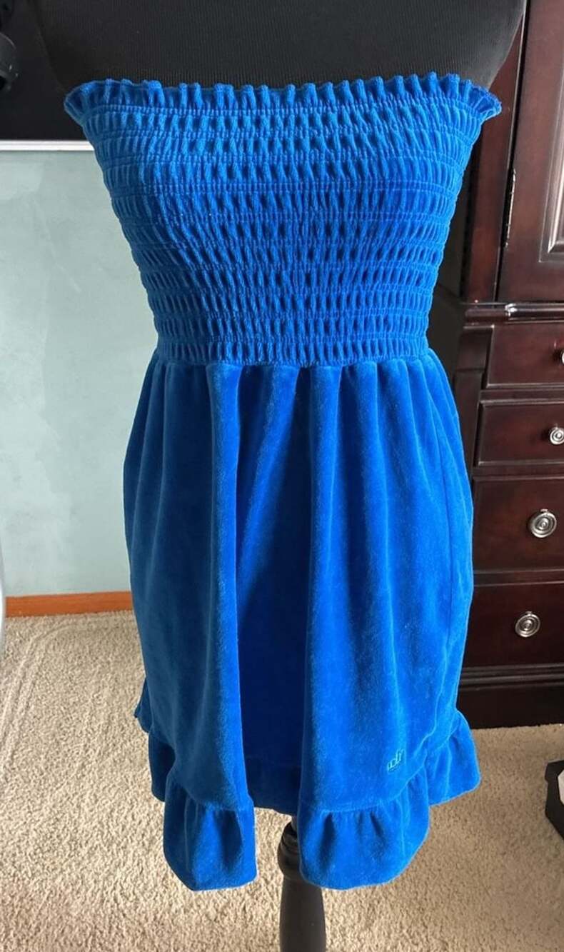Juicy Couture Smocked Bandeau Dress Size M Blue Velvet Ruffle Hem Z129